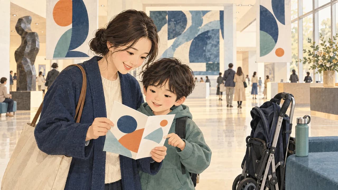 가족이 전시 안내물을 살펴보는 장면과 유모차 일러스트