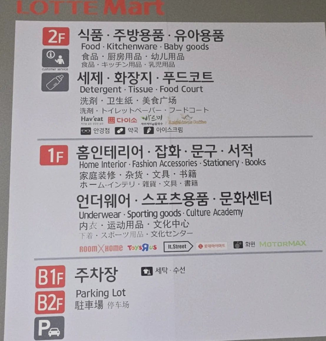 롯데마트 송도점 층별 안내와 주차장 표지