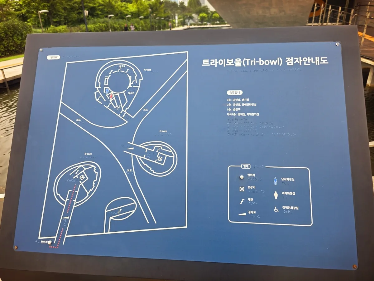 트라이보울 점자안내도 트라이보울 층별 공간과 승강기·계단·경사로를 표시한 점자안내도